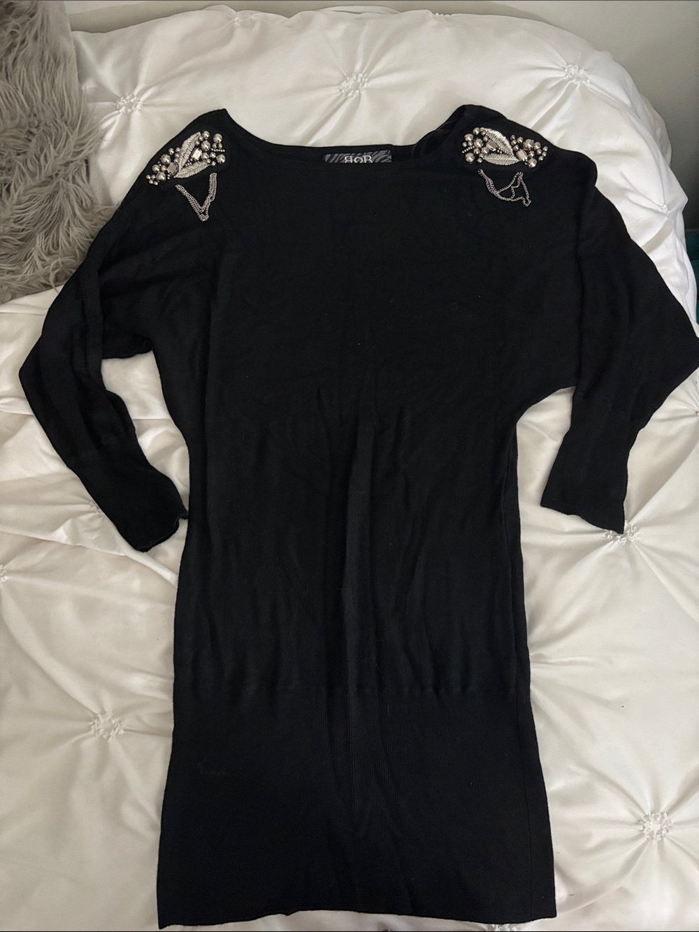 B&B COUTURE - Embellished Black Sweater Top with Shoulder Beading
